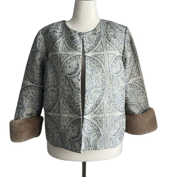 Chico’s Metallic Brocade Jacket w/ Faux Fur Cuffs | Size 2P (12/14P) - Picture 1 of 13